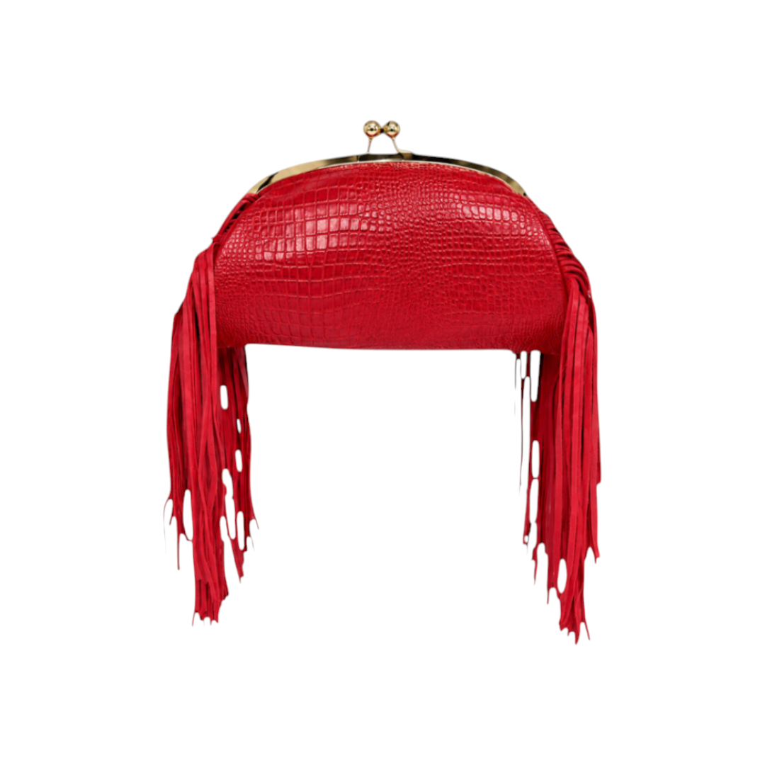 Jesalin Aluna red crocodile-embossed leather clutch with long fringe and gold kiss lock frame