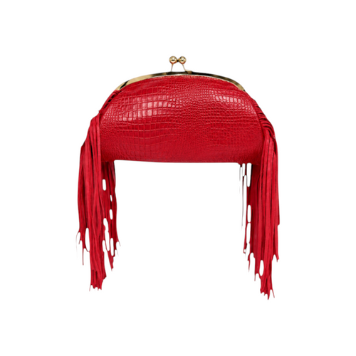 Jesalin Aluna red crocodile-embossed leather clutch with long fringe and gold kiss lock frame