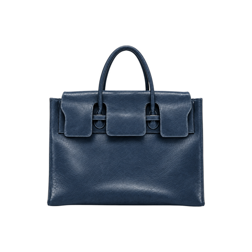 Jesalin Eleve structured tote bag in aged blue genuine bovine leather with silver metallic hardware and top handles.