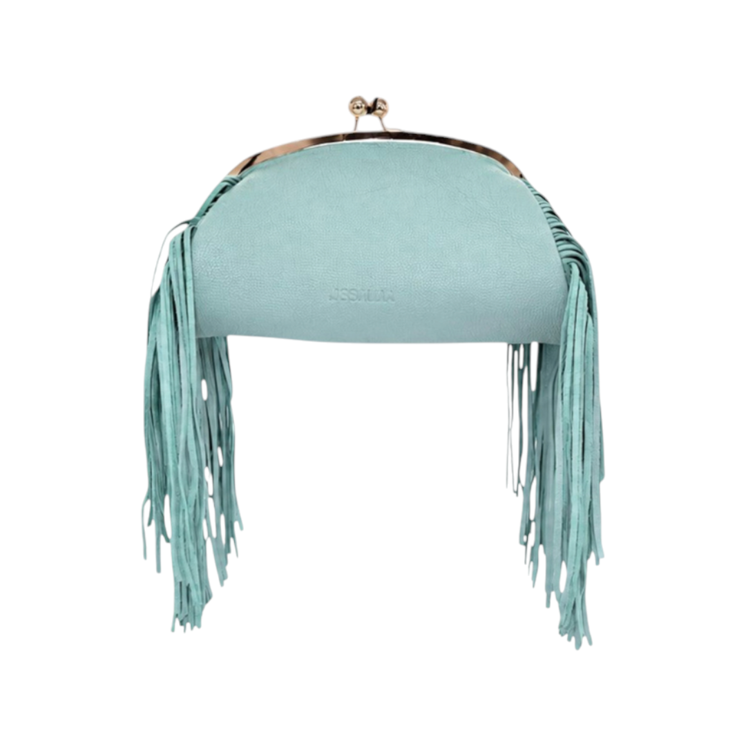 Jesalin Aluna mint green grained leather clutch with long side fringe and gold kiss lock frame