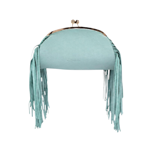 Jesalin Aluna mint green grained leather clutch with long side fringe and gold kiss lock frame