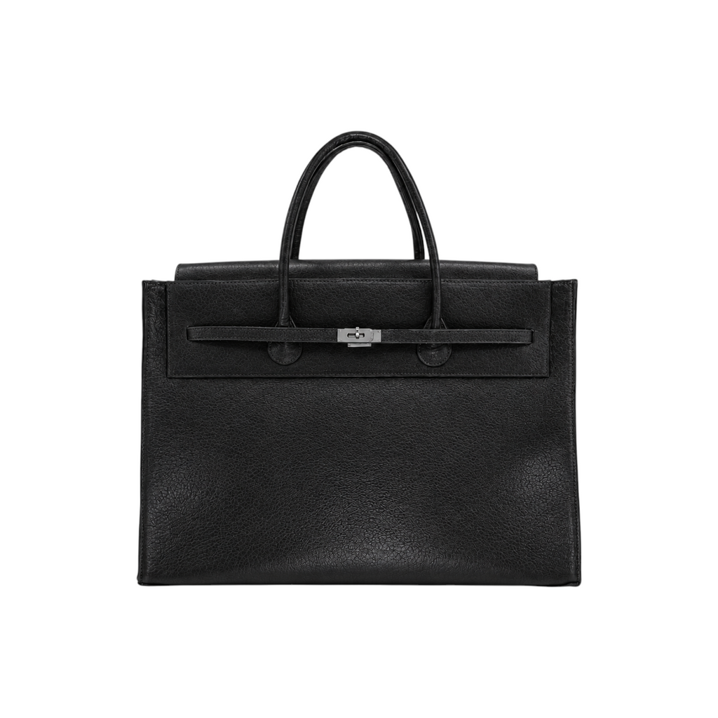 Jesalin Eleve structured black genuine bovine leather tote bag with silver metallic hardware and top handles