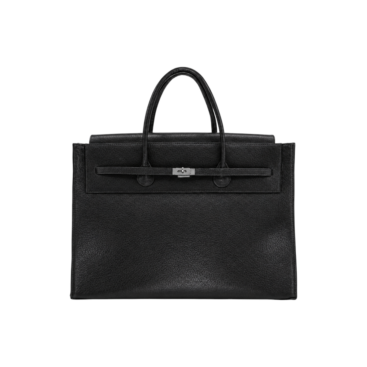 Jesalin Eleve structured black genuine bovine leather tote bag with silver metallic hardware and top handles