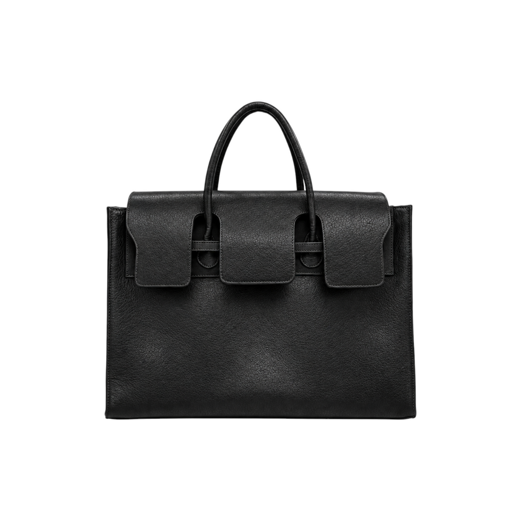 Jesalin Eleve structured black leather tote bag with top handles and silver metallic front clasp closure
