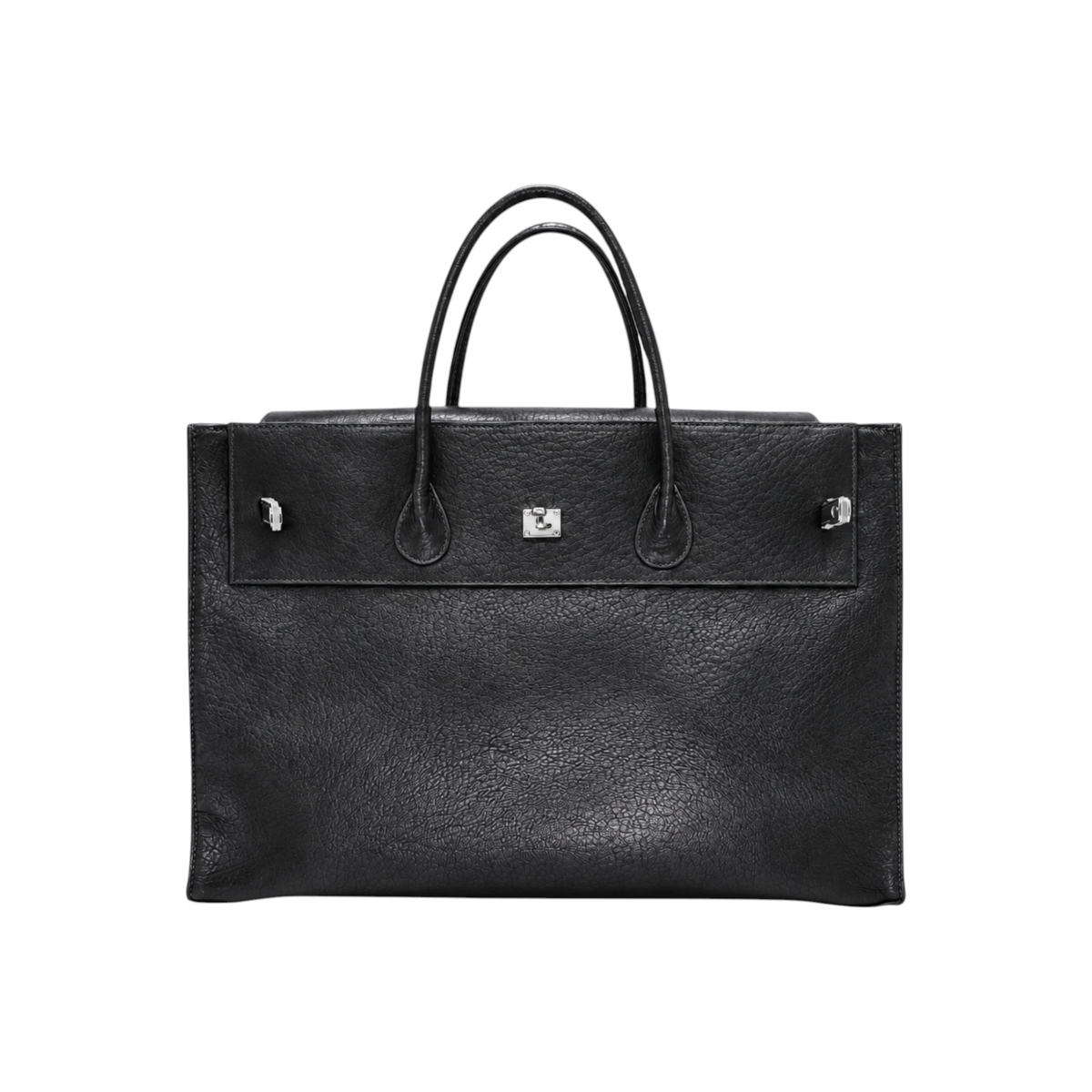 Jesalin Eleve structured black genuine bovine leather tote bag with silver metallic hardware and top handles