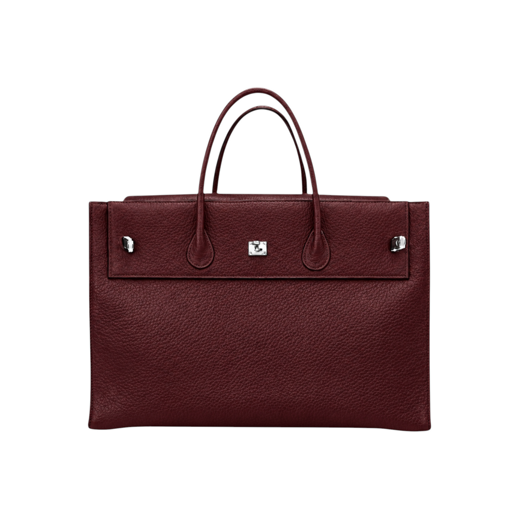 Jesalin Eleve structured tote bag in aged burgundy genuine bovine leather with silver-tone metal hardware details.