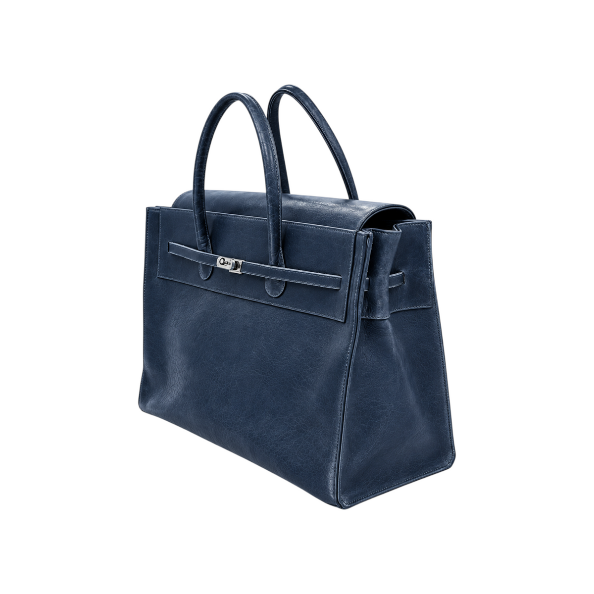 Jesalin Eleve structured handbag in aged blue genuine bovine leather with silver metal hardware and top handles.