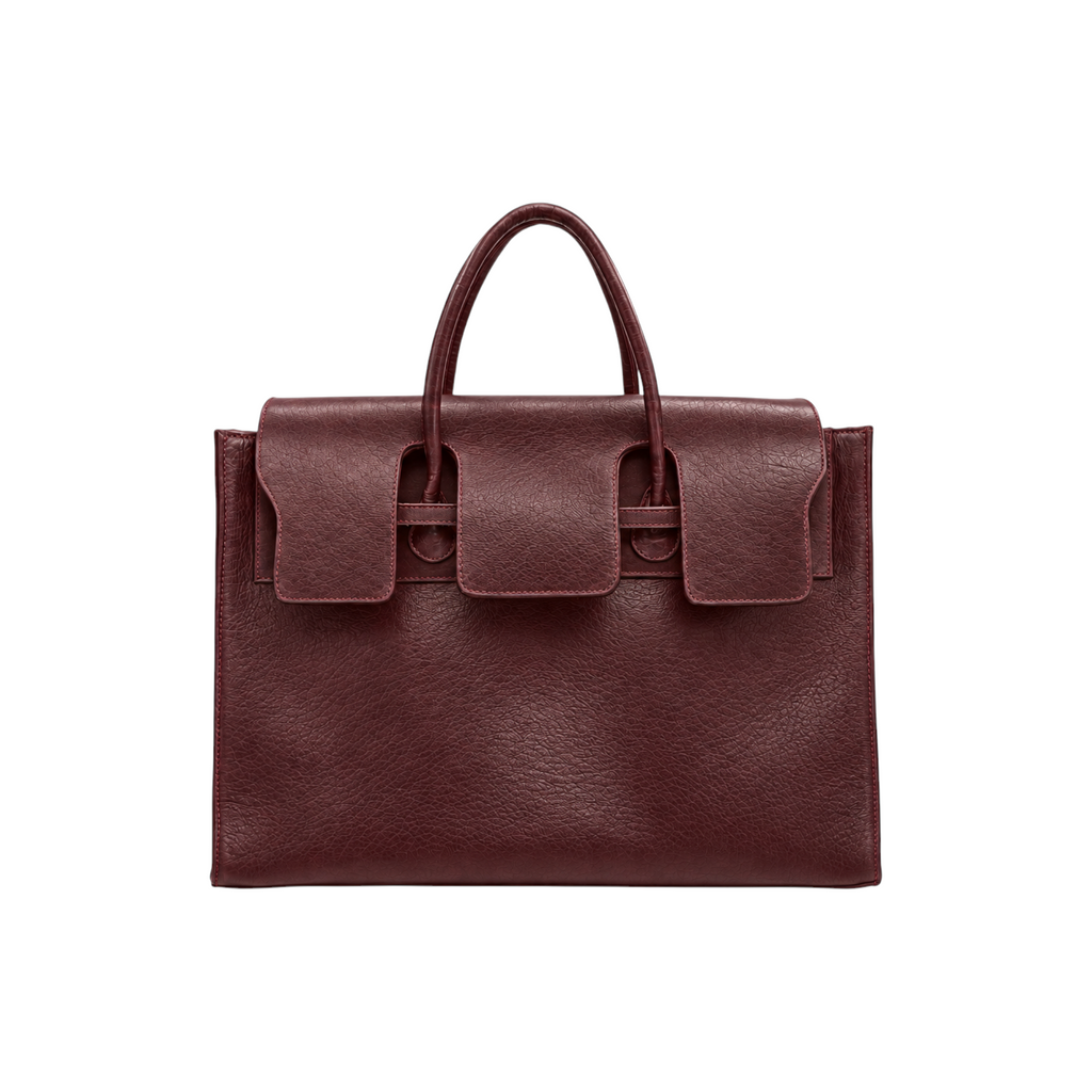 Jesalin Eleve structured tote bag in aged burgundy genuine bovine leather with top handles and metallic hardware.
