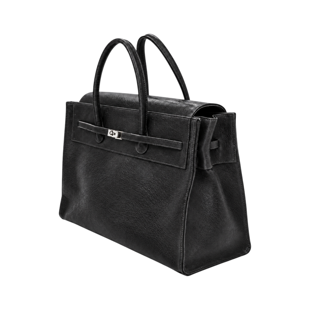 Jesalin Eleve structured black genuine bovine leather tote bag with silver metal hardware and top handles