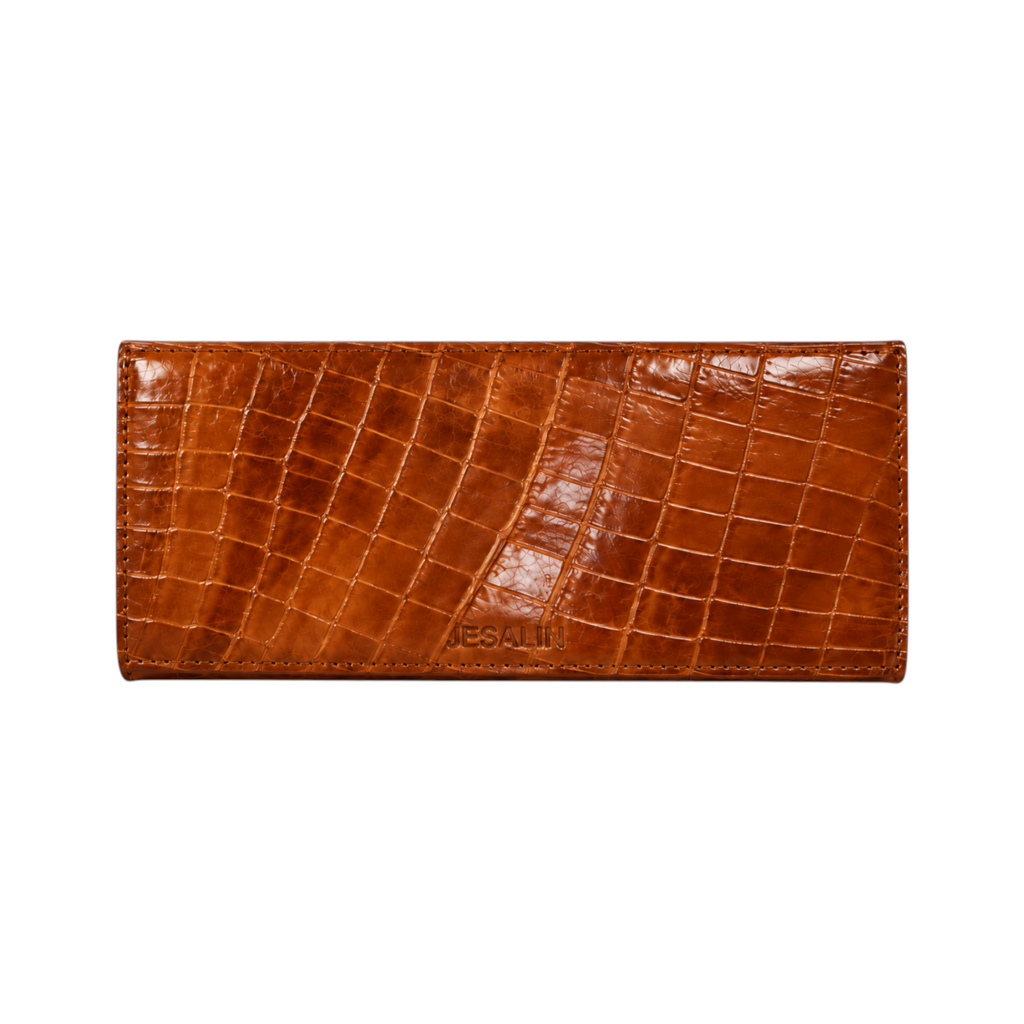 Jesalin Riga clutch in cafe brown genuine bovine leather with a glossy crocodile embossed texture.