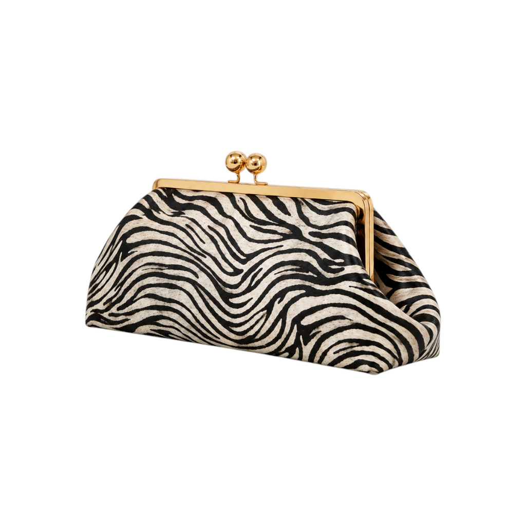 Jesalin Sette Lungo clutch in zebra-print cowhide leather with gold-tone kisslock closure and structured silhouette.