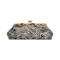 Jesalin Sette Lungo clutch in zebra-print cowhide leather with a gold kisslock closure and structured silhouette.