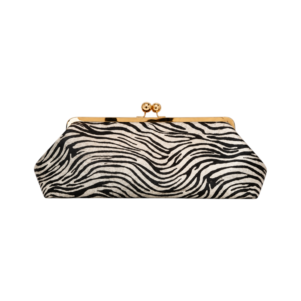 Jesalin Sette Lungo clutch in zebra-print cowhide leather with a gold kisslock closure and structured silhouette.