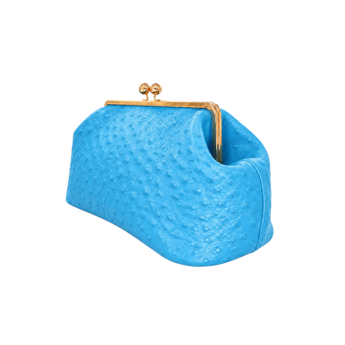 Jesalin Sette aqua blue ostrich-embossed leather clutch with gold kisslock closure and soft pleated silhouette