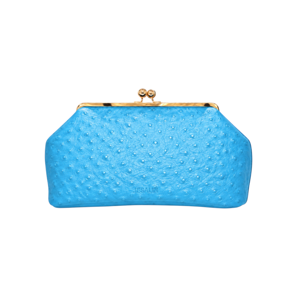 Jesalin Sette aqua blue handbag in ostrich-embossed bovine leather with gold kisslock closure and soft pleats.