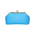 Jesalin Sette aqua blue handbag in ostrich-embossed bovine leather with gold kisslock closure and soft pleats.