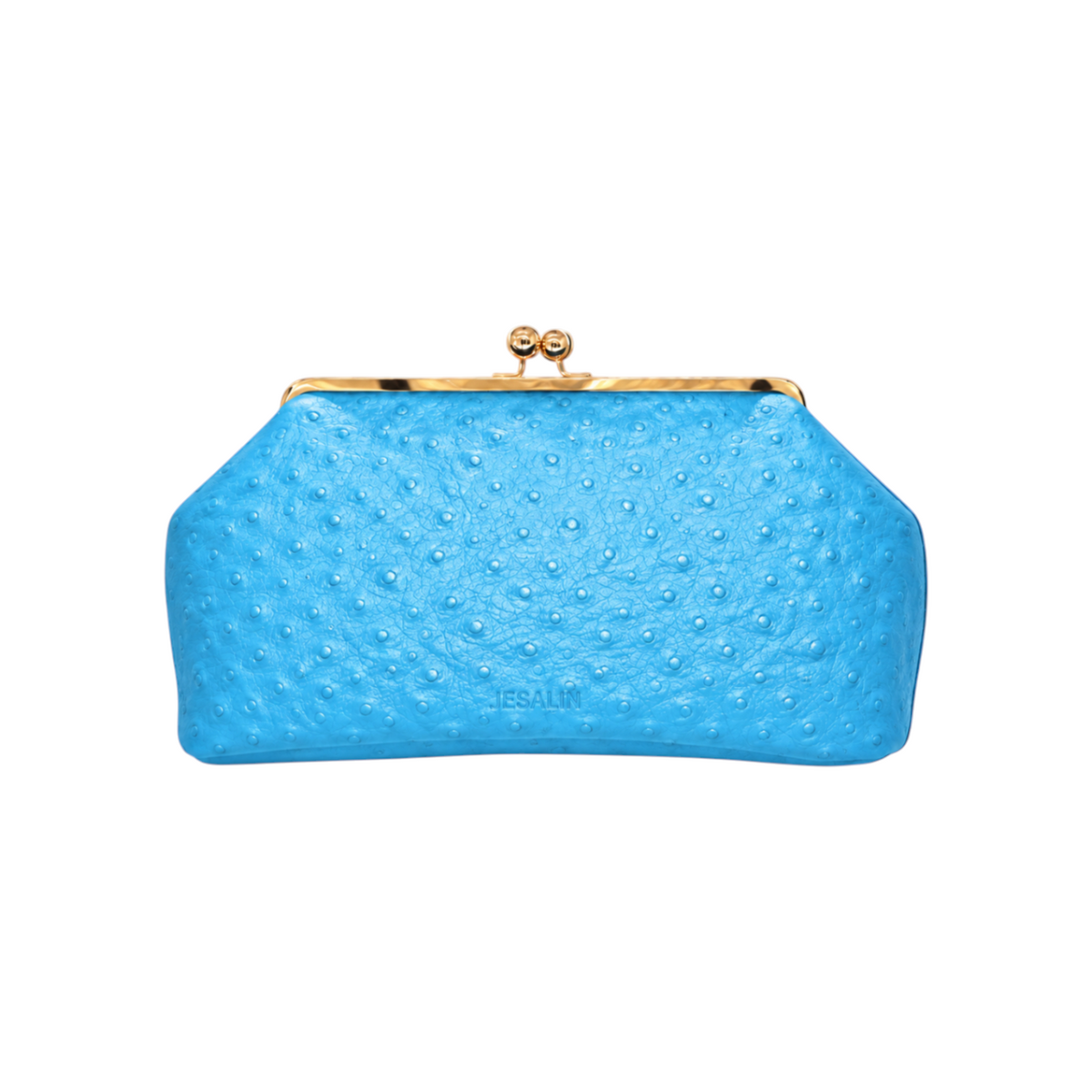 Jesalin Sette aqua blue handbag in ostrich-embossed bovine leather with gold kisslock closure and soft pleats.