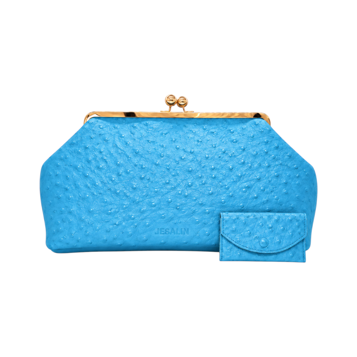 Jesalin Sette aqua blue ostrich-embossed leather clutch with gold kisslock closure and matching small pouch