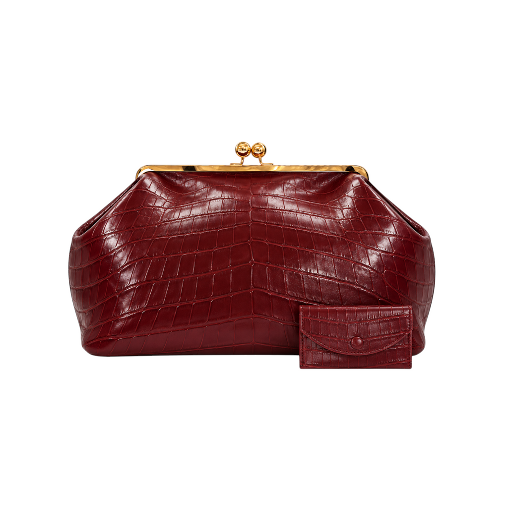 Jesalin Sette wine red glossy crocodile embossed leather clutch with gold kisslock closure and matching small wallet
