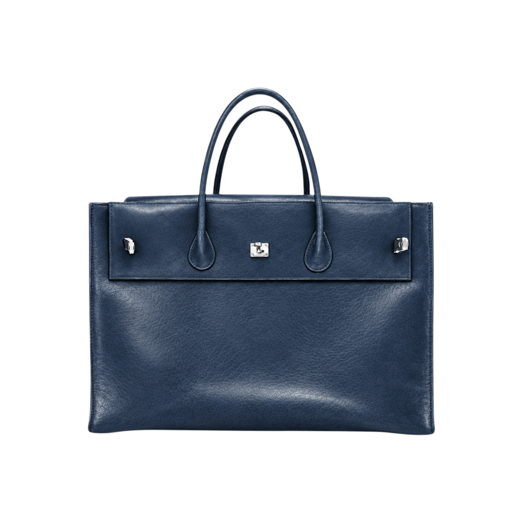 Jesalin Eleve structured tote bag in aged blue genuine bovine leather with silver metallic hardware and top handles.