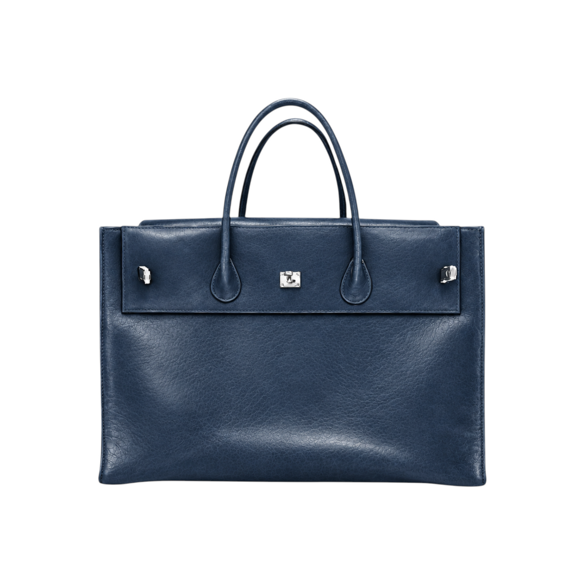 Jesalin Eleve structured tote bag in aged blue genuine bovine leather with silver metallic hardware and top handles.
