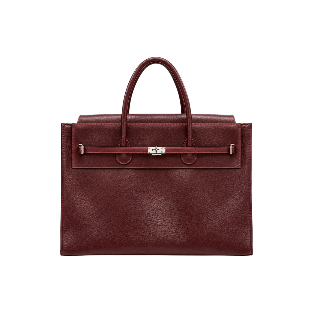 Jesalin Eleve structured tote bag in aged burgundy genuine bovine leather with silver metallic hardware