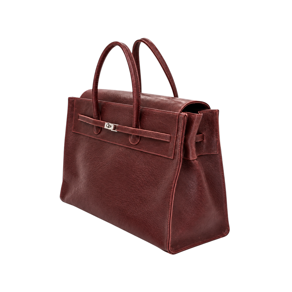 Jesalin Eleve structured tote bag in aged burgundy genuine bovine leather with silver metal hardware and top handles.