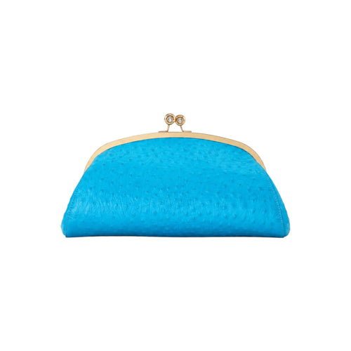 Jesalin Aluna aqua blue ostrich-embossed leather clutch with a gold kiss lock frame