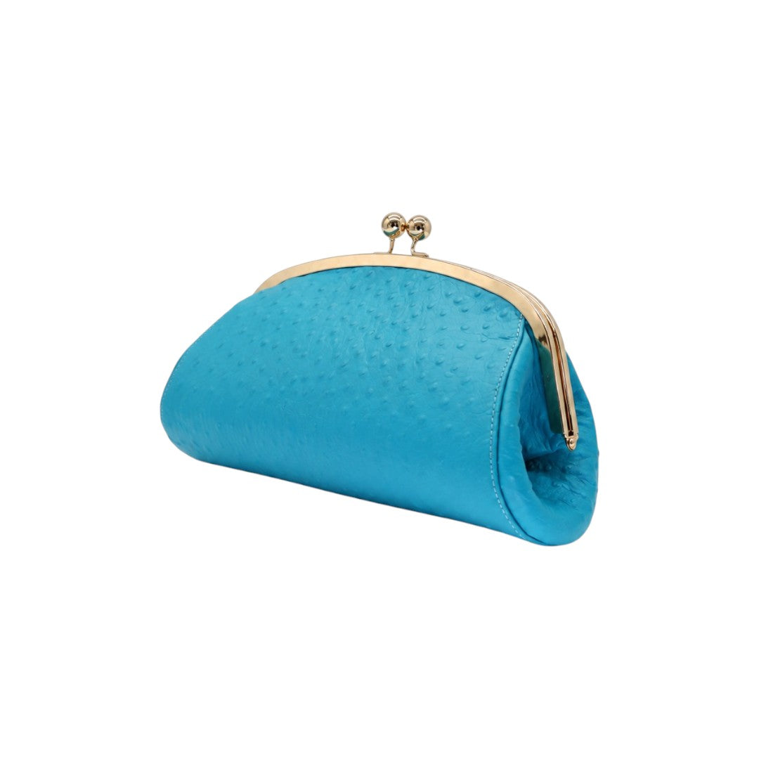 Jesalin Aluna aqua blue ostrich-embossed leather clutch with gold kiss lock frame and matching card holder.
