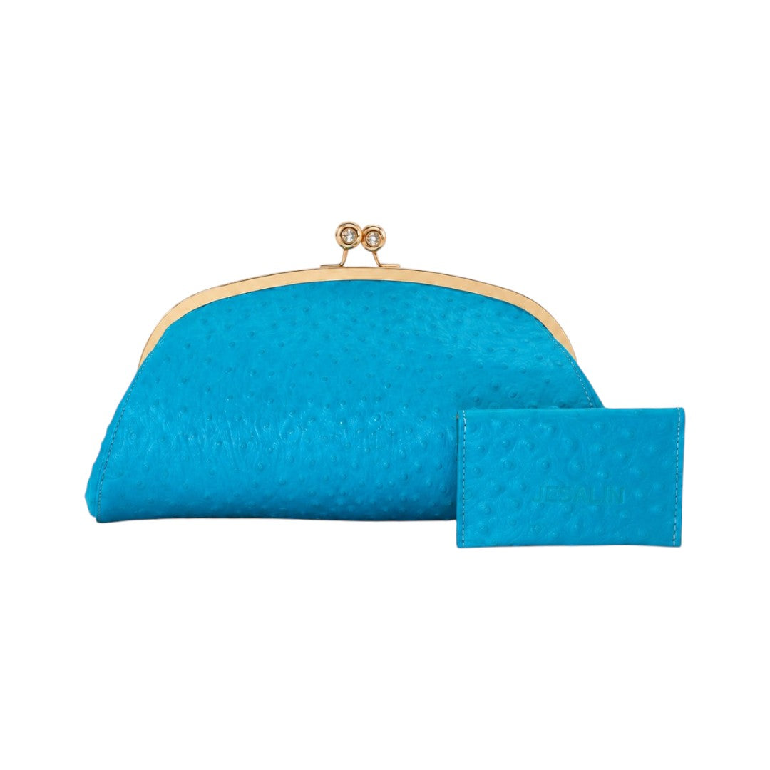 Jesalin Aluna aqua blue ostrich-embossed leather clutch with gold kiss lock frame and matching card holder