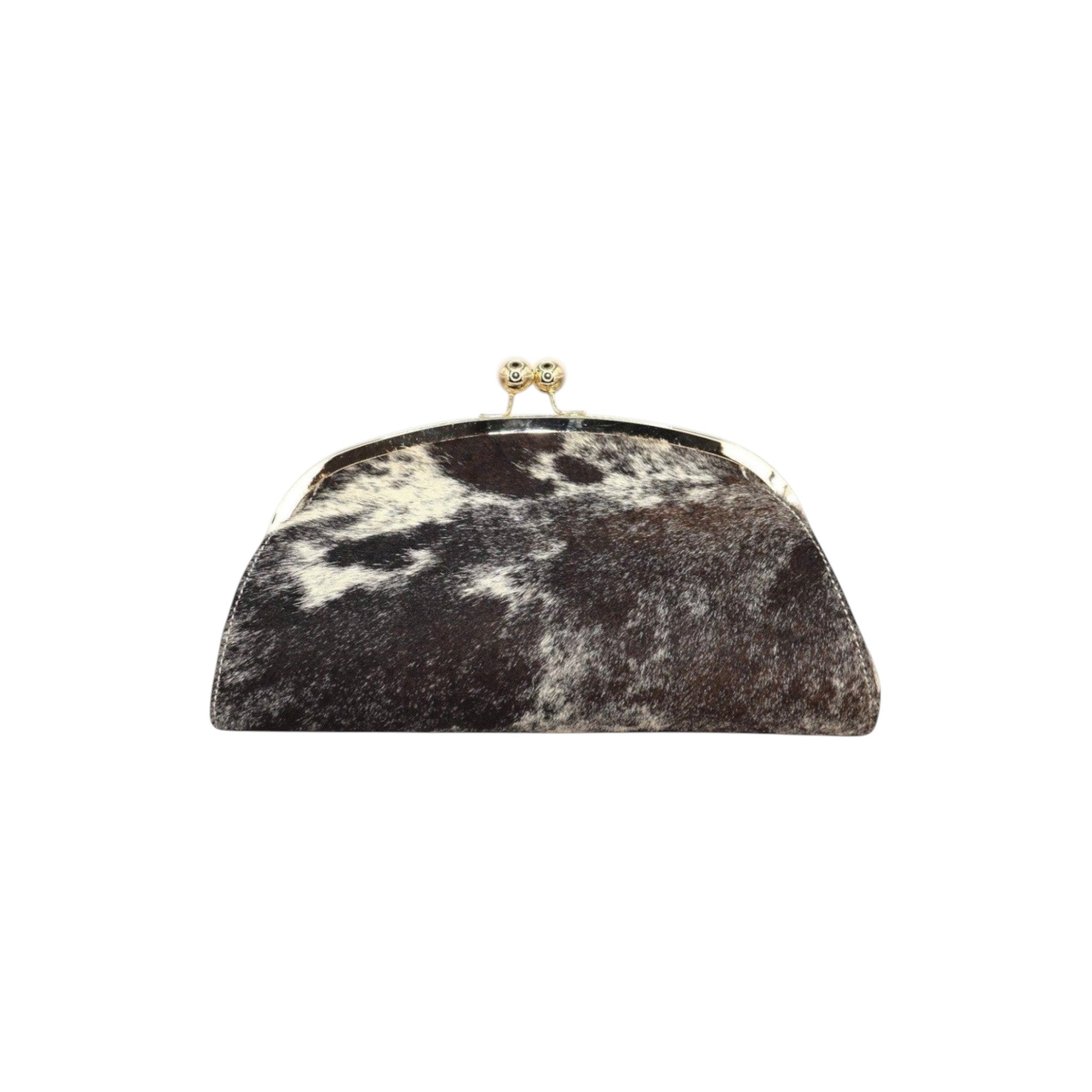 Jesalin Aluna rigid clutch bag in brown and white cow print leather with a gold kiss lock metal frame