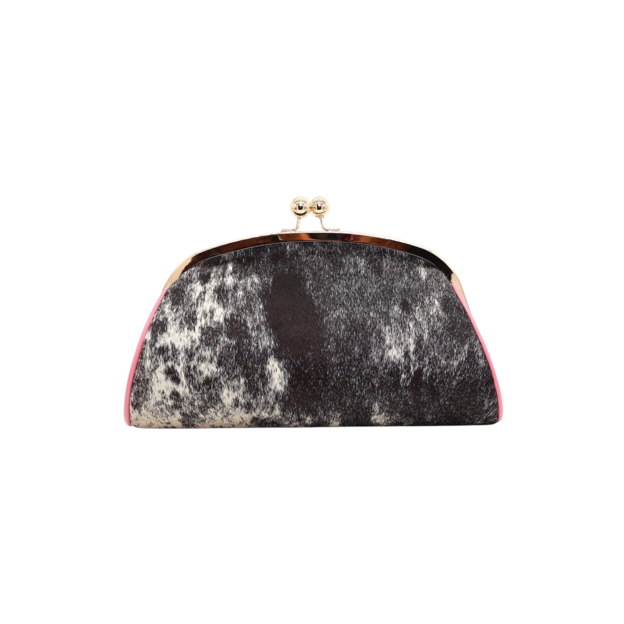 Jesalin Aluna handbag in black, brown, and ivory cowhide with pink leather trim and gold kiss lock frame.