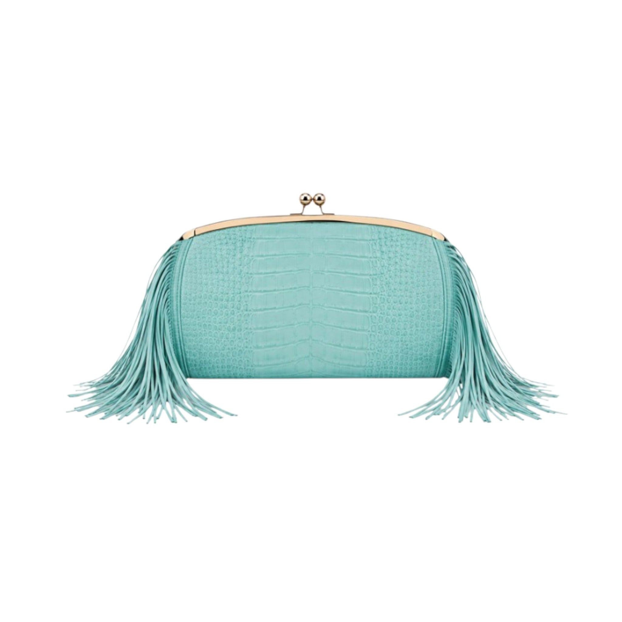 Jesalin Aluna mint green grained leather clutch with long fringe and gold kiss lock closure