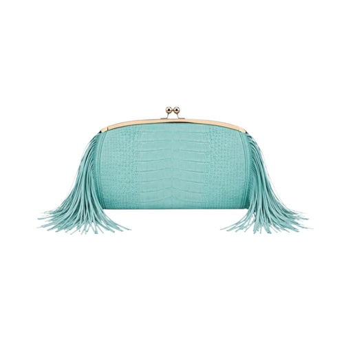 Jesalin Aluna mint green grained leather clutch with long fringe and gold kiss lock closure