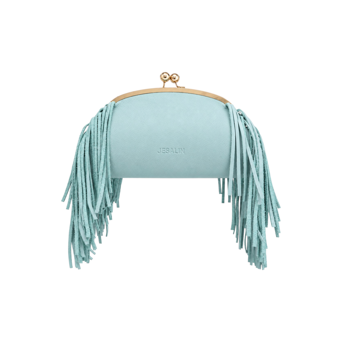 Jesalin Aluna mint green grained leather clutch with long side fringe and gold kiss lock closure