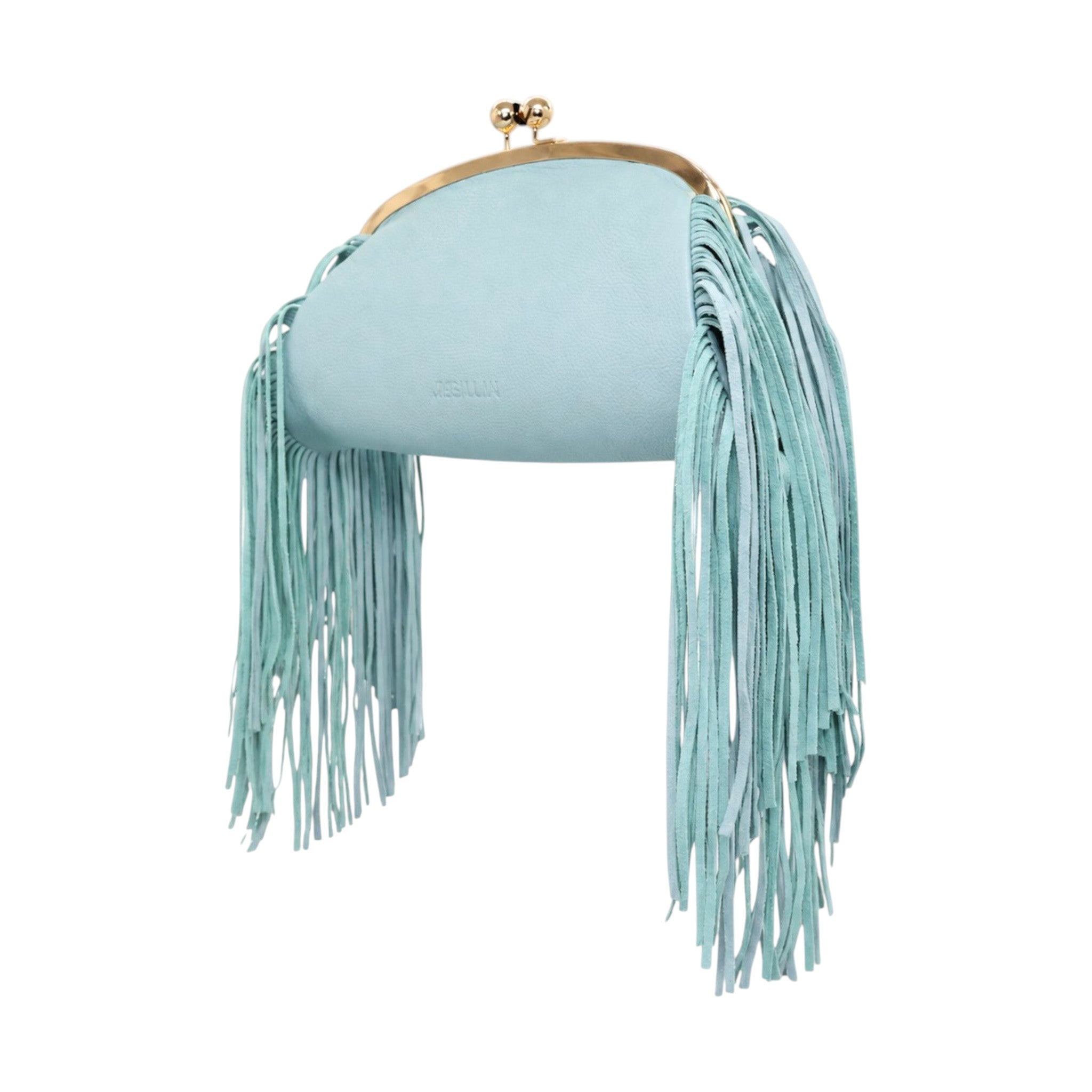 Jesalin Aluna mint green leather clutch with long fringe and gold kiss lock metal frame