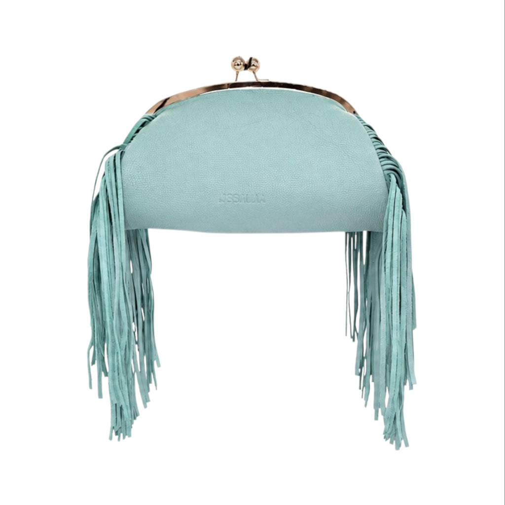 Jesalin Aluna mint green grained leather clutch with long fringe and gold kiss lock frame