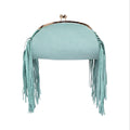 Jesalin Aluna mint green grained leather clutch with long fringe and gold kiss lock frame