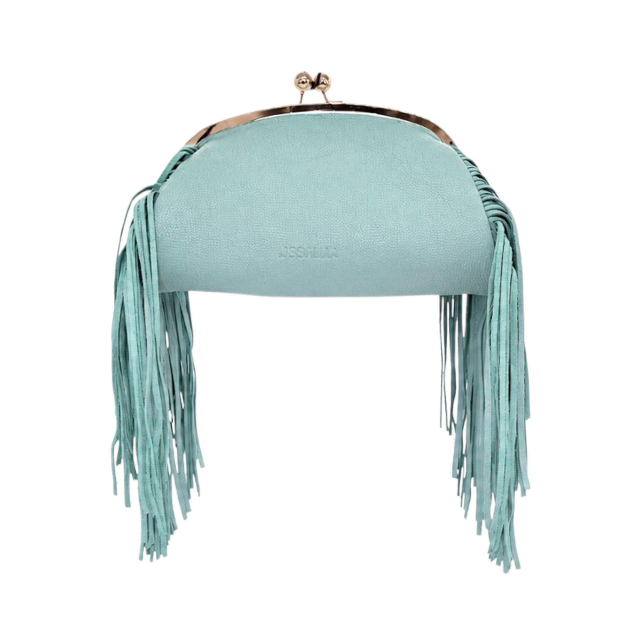 Jesalin Aluna mint green grained leather clutch with long fringe and gold kiss lock frame