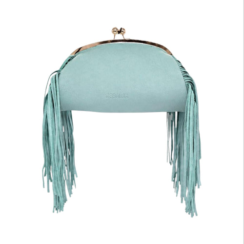 Jesalin Aluna mint green grained leather clutch with long fringe and gold kiss lock frame