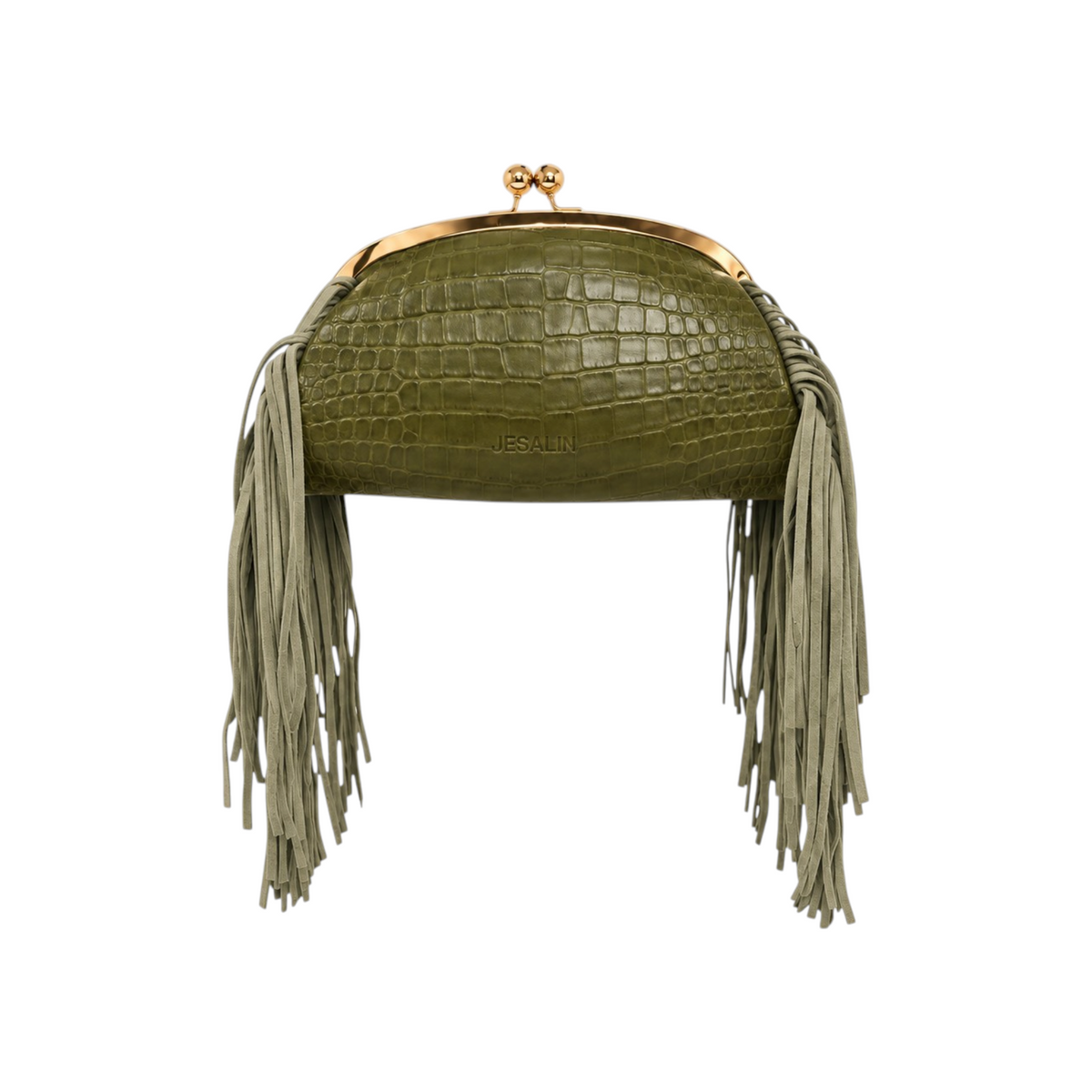 Jesalin Aluna olive green croc-embossed leather clutch with long side fringe and gold kiss lock hardware