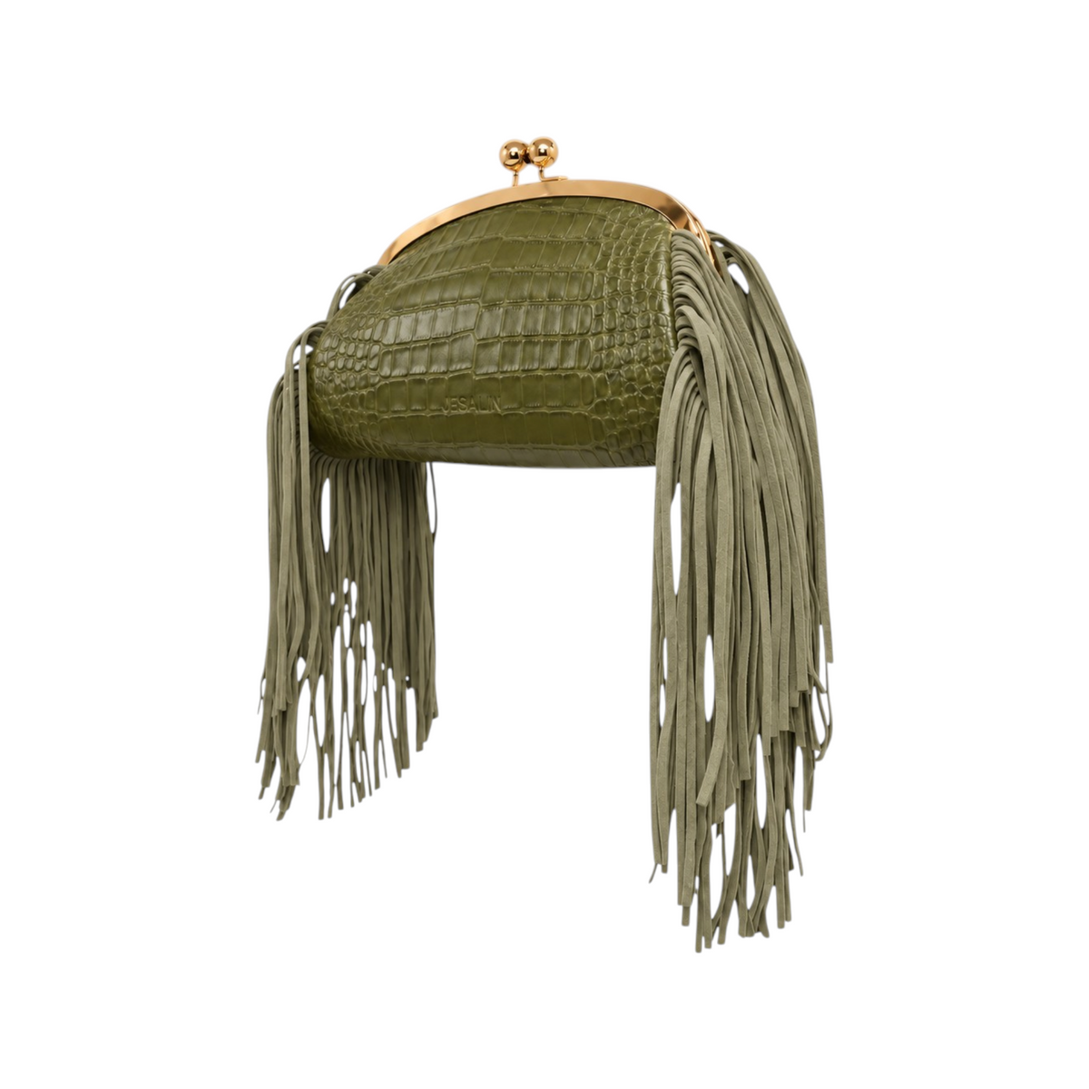 Jesalin Aluna olive green crocodile-embossed leather clutch with long side fringe and gold kiss lock hardware
