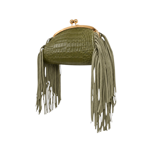 Jesalin Aluna olive green crocodile-embossed leather clutch with long side fringe and gold kiss lock hardware