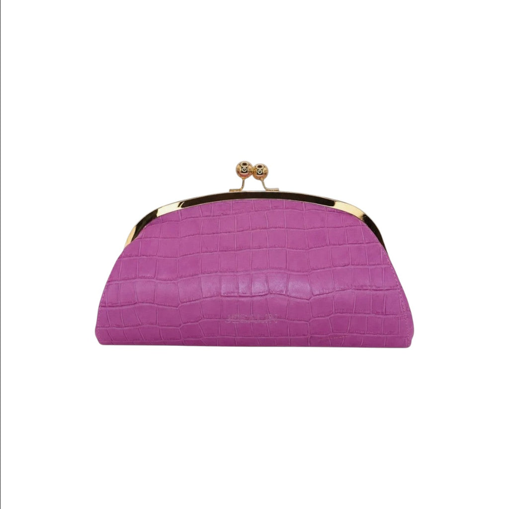 Jesalin Aluna clutch in purple embossed bovine leather with a gold kiss lock frame