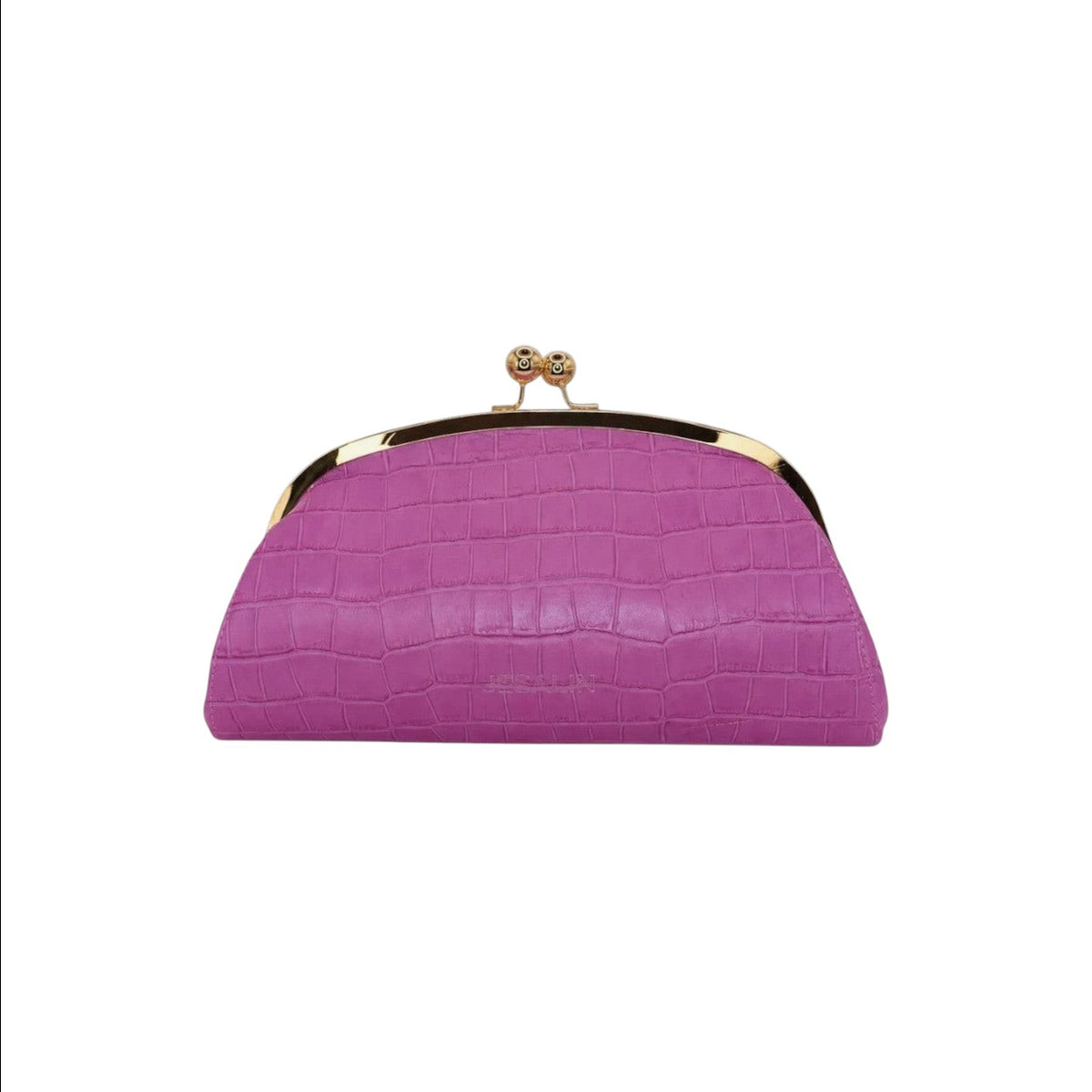 Jesalin Aluna clutch in purple embossed bovine leather with a gold kiss lock frame