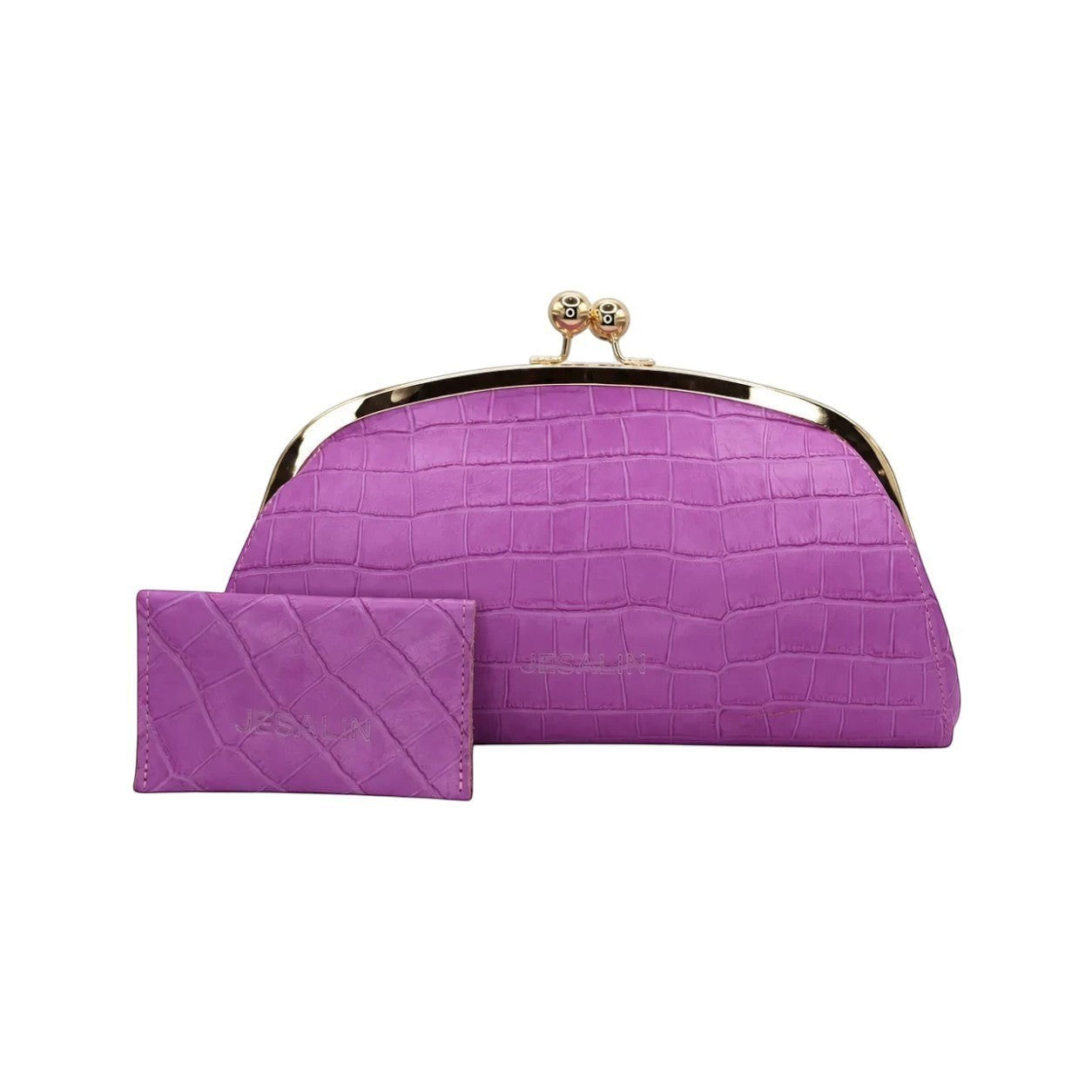 Jesalin Aluna purple embossed leather clutch with gold kiss lock frame and matching card holder