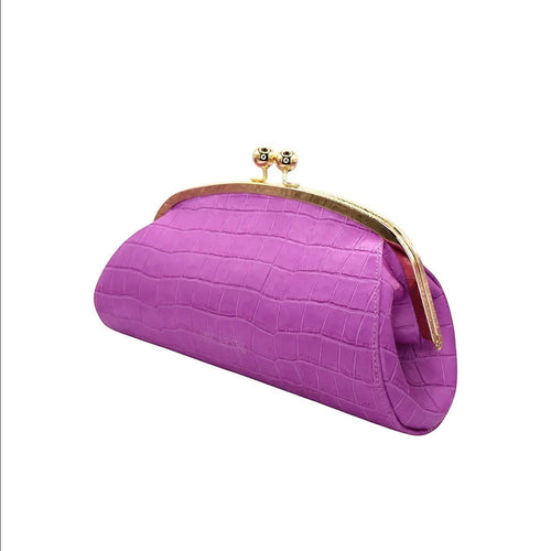 Jesalin Aluna purple embossed leather clutch with a gold kiss lock frame and rigid curved silhouette.