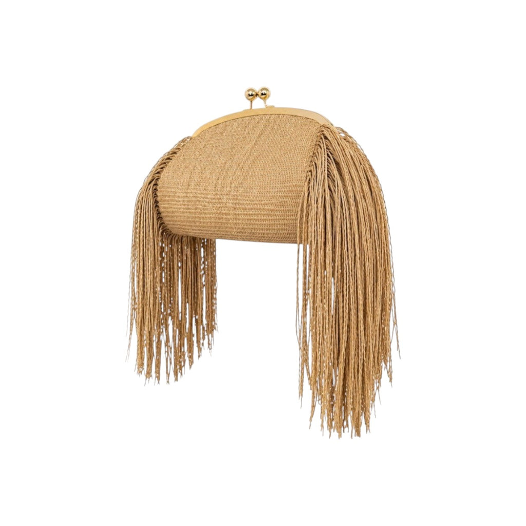 Jesalin Aluna natural raffia clutch bag with long side fringe and gold kiss lock closure
