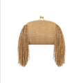 Jesalin Aluna natural raffia clutch bag with long side fringe and gold kiss lock closure