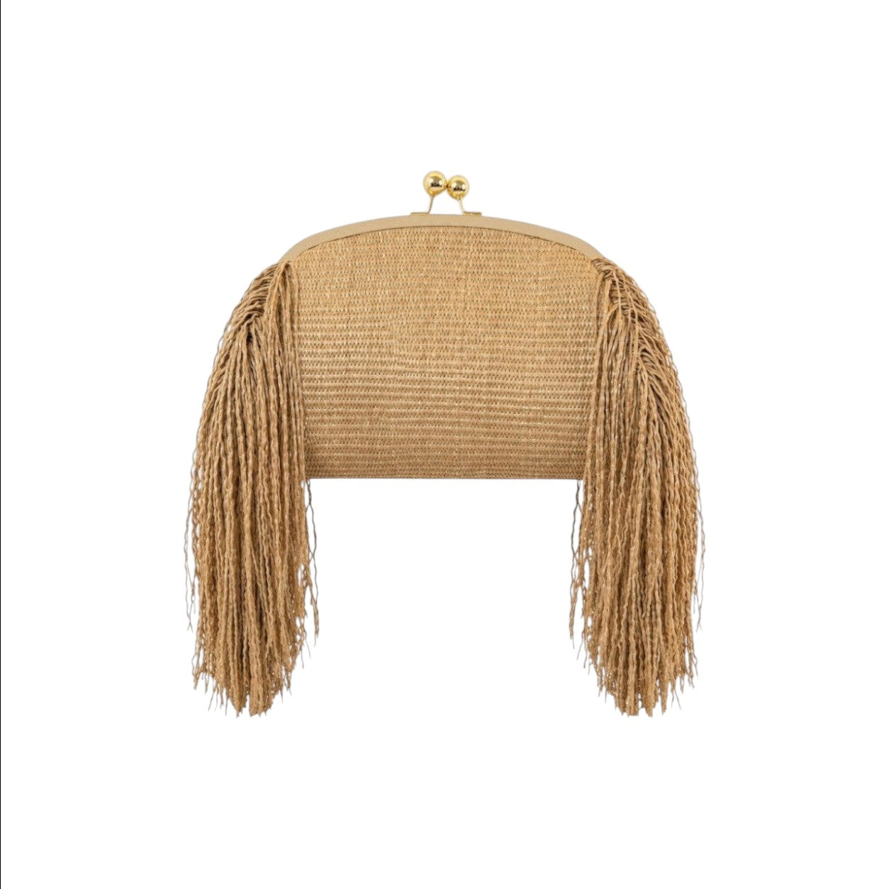 Jesalin Aluna natural raffia clutch bag with long side fringe and gold kiss lock closure